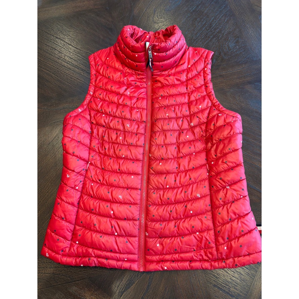 Tommy Hilfiger Womens Red Quilted Puffer Vest Star Print Full Zip Size Large
